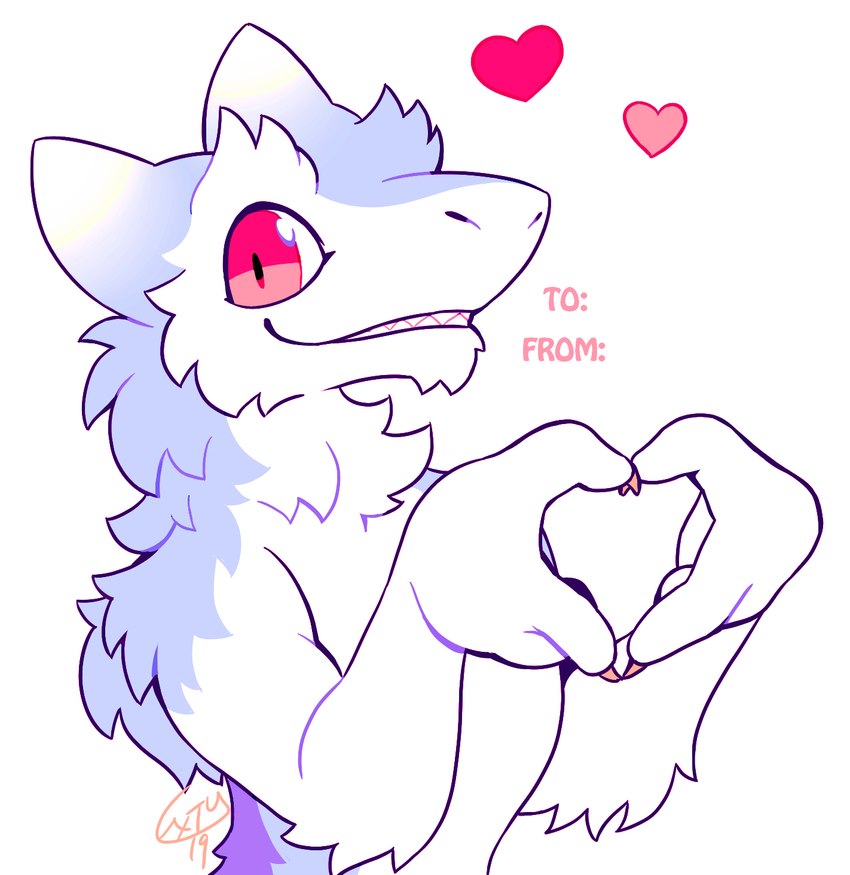 ambiguous_gender anthro blue_body blue_fur front_view fur heart_sign heart_symbol looking_at_viewer nails open_mouth pink_eyes red_eyes side_view simple_background snout solo teeth white_background white_body white_fur extyrannomon_(artist) sergal 2019 half-length_portrait hi_res portrait