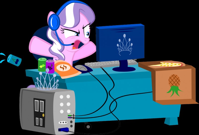 angry computer cutie_mark desk electronics female food frown furniture headphones keyboard pizza scowl solo table magerblutooth friendship_is_magic hasbro my_little_pony diamond_tiara_(mlp) earth_pony equid equine horse mammal pony alpha_channel hi_res