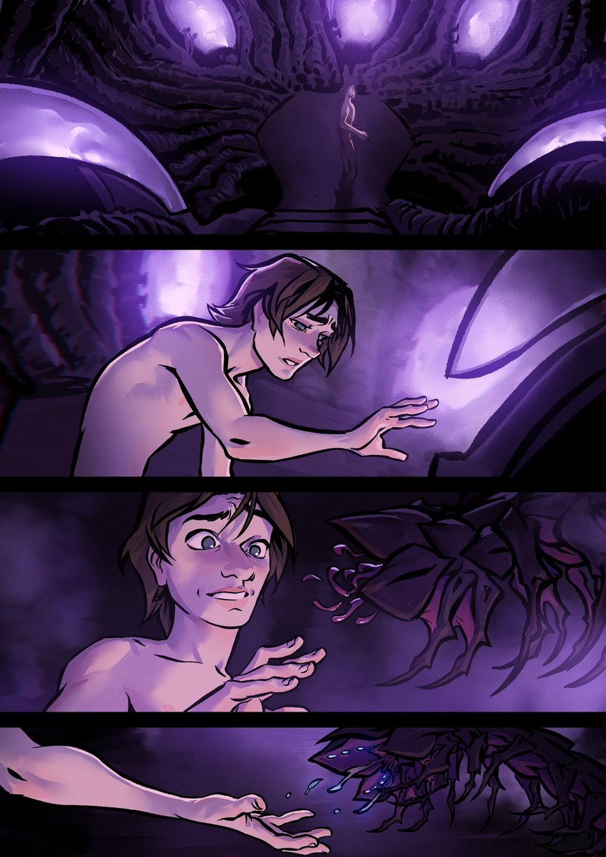 4_panel_comic bodily_fluids brown_hair detailed_background fingers hair hive male nipples nude open_mouth purple_glow solo teeth tendrils maxspite arthropod human mammal myriapod 2024 comic digital_media_(artwork) hi_res purple_theme