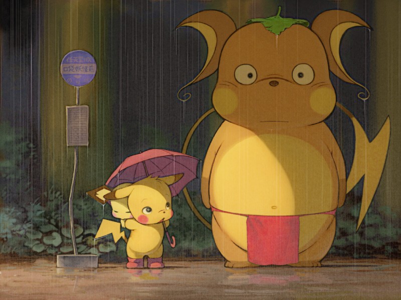 :| ambiguous_gender anthro boots bottomwear clothing detailed_background evolutionary_family eyes_closed footwear forest fur grainy group holding_object holding_umbrella leaf loincloth looking_at_viewer male navel outside parody plant raining shoes sign size_difference slightly_chubby tree umbrella yellow_body yellow_fur おしょー_(artist) ghibli my_neighbor_totoro nintendo pokemon totoro_bus_stop generation_1_pokemon generation_2_pokemon mammal pichu pikachu pokemon_(species) raichu rodent