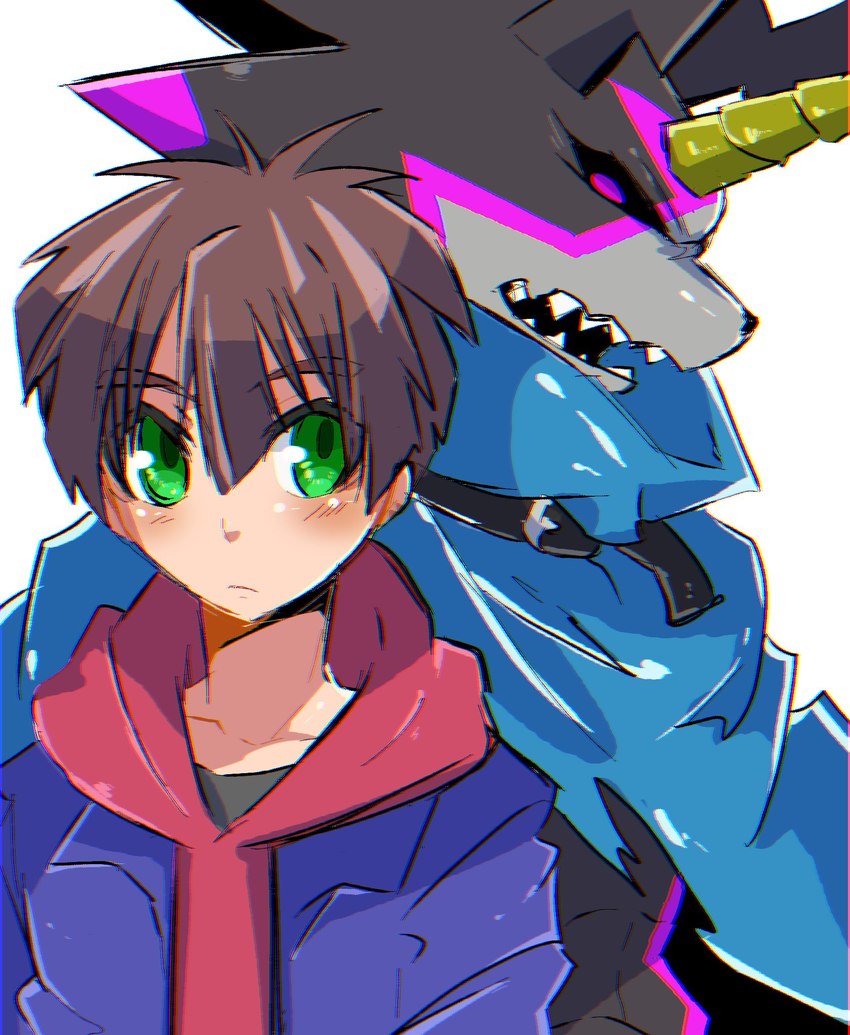 anthro black_body black_sclera blush brown_hair clothing duo glowing glowing_eyes green_eyes hair hoodie horn male topwear im7yx bandai_namco digimon digimon_ghost_game hiro_amanokawa digimon_(species) gulusgammamon human mammal hi_res