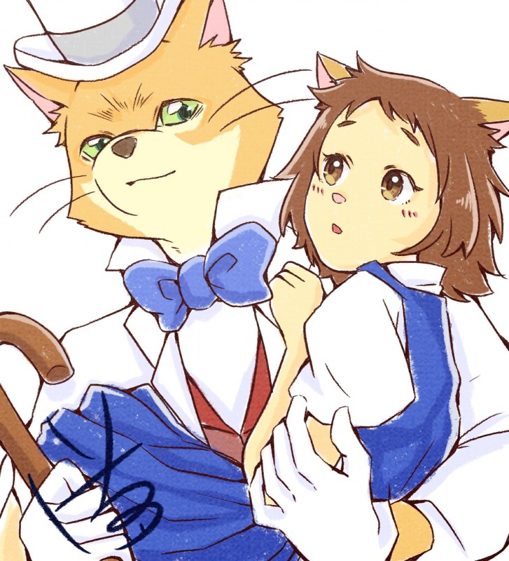 anthro black_nose brown_hair clothing duo female gloves hair handwear hat headgear headwear holding_character male pink_nose simple_background smile top_hat whiskers ichihatsu ghibli the_cat_returns baron_humbert_von_gikkingen haru_yoshioka domestic_cat felid feline felis mammal 2018 hi_res