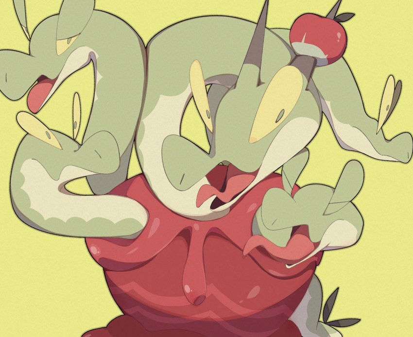 ambiguous_gender apple countershading feral food fruit green_background green_body green_scales horn looking_at_viewer plant red_body scales serpentine simple_background smile solo tail tongue tongue_out umixign nintendo pokemon generation_9_pokemon hydrapple pokemon_(species) hi_res