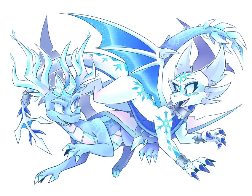 crystal duo female feral horn iridescent iridescent_antlers iridescent_claws iridescent_horn iridescent_scales iridescent_wings male multi_horn simple_background tail teeth wings winter cloudypouty activision mythology spyro_reignited_trilogy spyro_the_dragon cynder spyro dragon mythological_creature mythological_scalie scalie 2022 dated digital_media_(artwork) hi_res