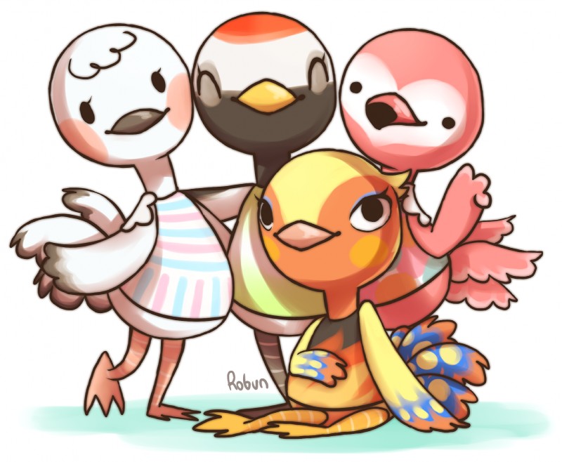 anthro black_body black_feathers clothing daww eyelashes eyeliner eyes_closed feathers female group group_photo looking_at_viewer makeup orange_body orange_feathers pink_body pink_feathers pose posing_for_picture simple_background sitting smile standing white_background white_body white_feathers yellow_body yellow_feathers robun_(artist) animal_crossing nintendo blanche_(animal_crossing) flora_(animal_crossing) gladys_(animal_crossing) phoebe_(animal_crossing) avian bird crane_(bird) flamingo galliform gruiform grus_(genus) ostrich peafowl phasianid ratite red-crowned_crane hi_res