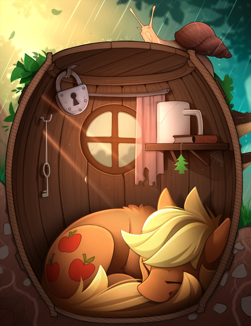 barrel blonde_hair book coffee_mug container cross_section curled_up curtains_open cutie_mark eyes_closed female feral hair home in_barrel key light light_beam lock orange_body padlock raining shelf sleeping smile solo_focus sunbeam sunlight window wooden_barrel yakovlev-vad friendship_is_magic hasbro my_little_pony applejack_(mlp) equid equine gastropod mammal mollusk snail 2020 hi_res