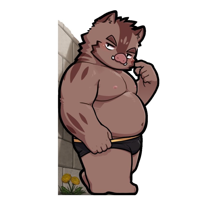 anthro belly blush brown_body bulge clothing humanoid_hands kemono male moobs musclegut muscular navel nipples overweight overweight_male solo underwear elvendays knights_college hermann_(knights_college) mammal suid suine sus_(pig) wild_boar 1:1 2025