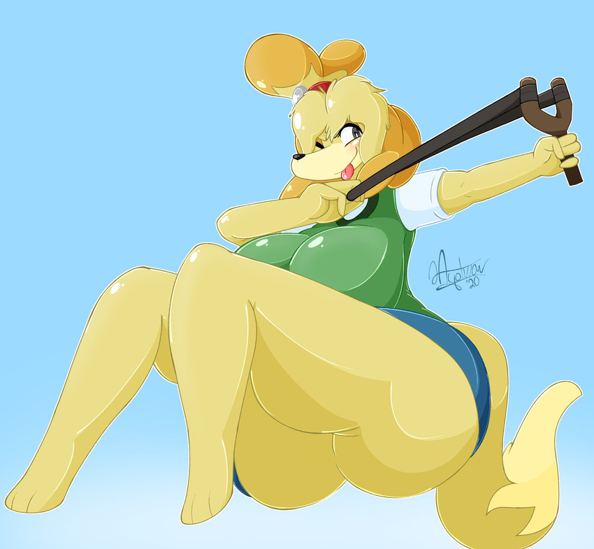 anthro big_breasts blue_sky bottomwear breasts butt clothed clothing female fur midair monotone_bottomwear monotone_clothing monotone_skirt no_underwear pencil_skirt ranged_weapon simple_background skirt sky slingshot solo thick_thighs tongue tongue_out upskirt weapon yellow_body yellow_fur ayotizza animal_crossing nintendo isabelle_(animal_crossing) canid canine canis domestic_dog mammal shih_tzu toy_dog 2020 absurd_res hi_res signature