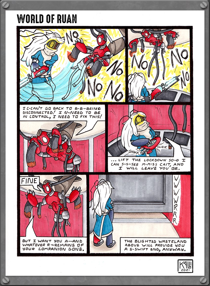 ambiguous_gender antennae_(anatomy) anthro blue_body blue_clothing clothing dialogue grey_body hair handbag machine red_body solo text white_clothing white_hair impishhyena world_of_ruan roxy_(world_of_ruan) security_(world_of_ruan) robot 2021 comic english_text hi_res signature