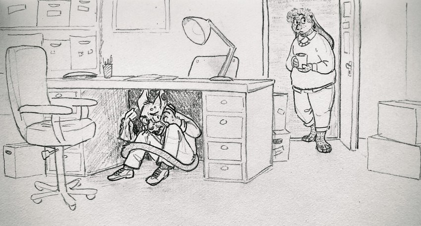 alternate_species ambiguous_gender anthro bottomwear cat_tail chair clothed clothing container cup desk detailed_background door duo ears_down feet footwear fully_clothed furniture furrification handpaw hindpaw hunched_over inside lamp mug pants paws pivoted_ears shirt shoes sitting standing sweater table topwear walking gammija the_magnus_archives jonathan_sims martin_blackwood domestic_cat felid feline felis hare lagomorph leporid mammal graphite_(artwork) hi_res traditional_media_(artwork) male_(lore)