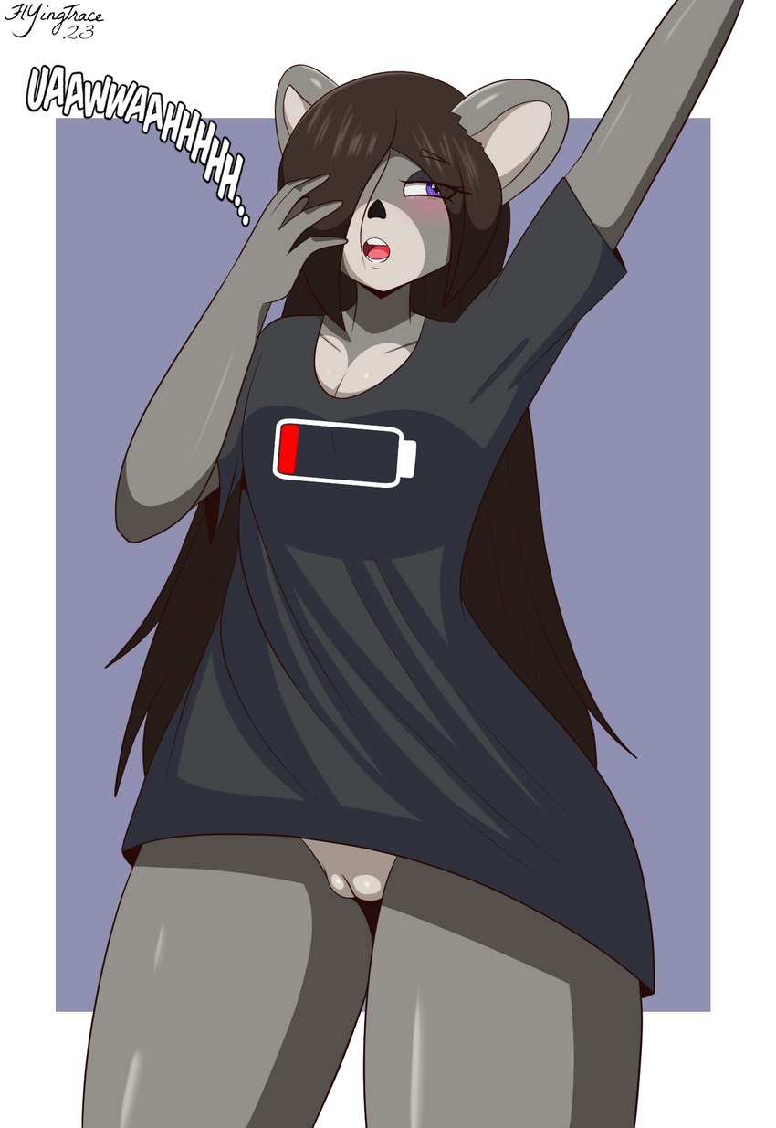 anthro blush bottomless brown_hair clothed clothing female genitals grey_body hair long_hair long_shirt low_battery multicolored_body open_mouth pussy shirt simple_background solo tired topwear two_tone_body yawn flyingtrace lilith_(neondonut) koala mammal marsupial vombatiform 2023 digital_media_(artwork) hi_res signature