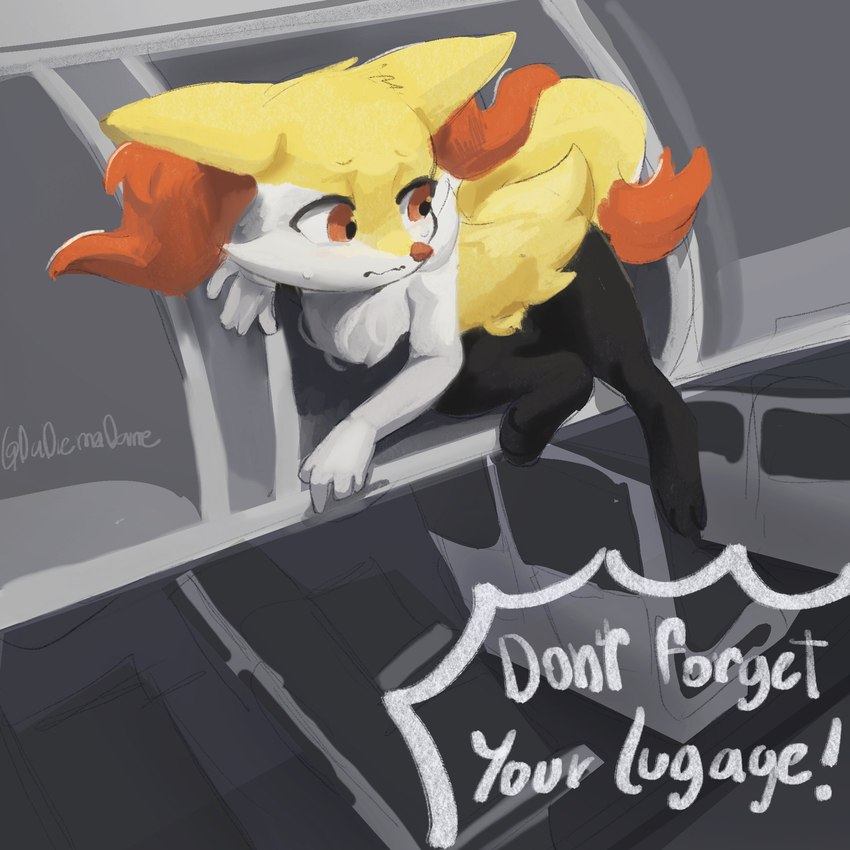 aircraft airplane ambiguous_gender anthro anthrofied black_body black_fur forgotten fur inside_airplane multicolored_body multicolored_fur nervous nude offscreen_character pokemorph red_eyes solo speech_bubble text vehicle white_body white_fur yellow_body yellow_fur dadiemadame nintendo pokemon braixen generation_6_pokemon pokemon_(species) 1:1 digital_media_(artwork) english_text hi_res shaded signature soft_shading unavailable_at_source