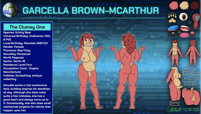 anthro anus areola balls belly big_belly big_breasts big_butt breasts brown_eyes butt curled_hair erection flaccid foreskin fur genitals gesture gynomorph hair huge_breasts humanoid_genitalia humanoid_penis intersex measurements neck_tuft nipples nub_tail nude overweight pawpads penis pink_areola pink_body pink_fur planet presenting presenting_hindquarters red_hair sheepish_grin shrug slightly_chubby small_balls solo tan_body tan_fur text tuft scoutthecat02 garcella_(scoutthecat02) bear brown_bear grizzly_bear mammal ursine absurd_res english_text hi_res model_sheet