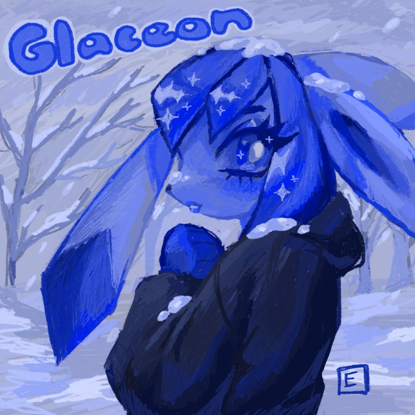 anthro blue_body blue_eyes blue_lips clothed clothing covered_in_snow detailed_background eyelashes glistening hoodie lips looking_at_viewer looking_back male outside plant pokemorph smile snow snowing solo sparkles sparkling_eyes topwear tree eunicidae nintendo pokemon eeveelution generation_4_pokemon glaceon pokemon_(species) 1:1 blue_theme cool_colors digital_media_(artwork) digital_painting_(artwork)