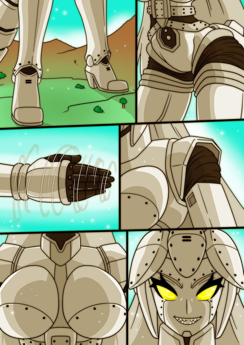 5_fingers big_breasts breasts clothing female fingers footwear high_heels machine macro mountain outside sharp_teeth shoes solo teeth wide_hips witchking00 godzilla_(series) kaiju_girls_(webcomic) toho mechagodzilla robot comic hi_res