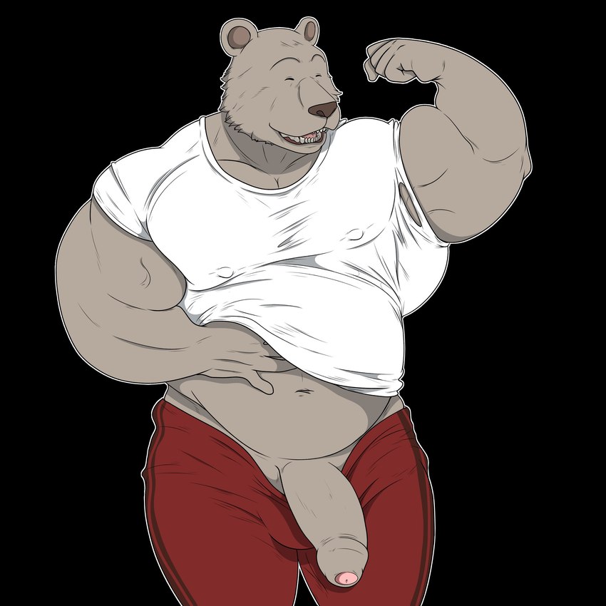 anthro big_muscles big_penis clothing eyes_closed fur genitals grey_body grey_fur huge_muscles male musclegut muscular muscular_anthro muscular_male penis smile solo ryanmakana beastars riz_(beastars) bear brown_bear mammal ursine 1:1 absurd_res hi_res