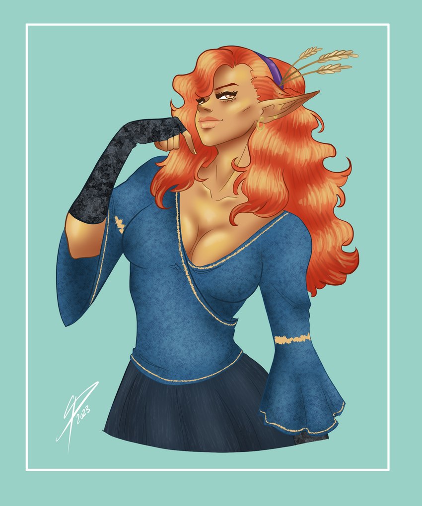 autumn blue_border border breasts cleavage clothed clothing dnd5e drawing elven female fingerless_gloves gloves hair handwear humanoid_pointy_ears pointy_ears red_hair solo yellow_eyes thepurpalynn dungeons_and_dragons hasbro wizards_of_the_coast eladrin_(dnd) humanoid illustration 5:6 digital_drawing_(artwork) digital_media_(artwork) hi_res signature