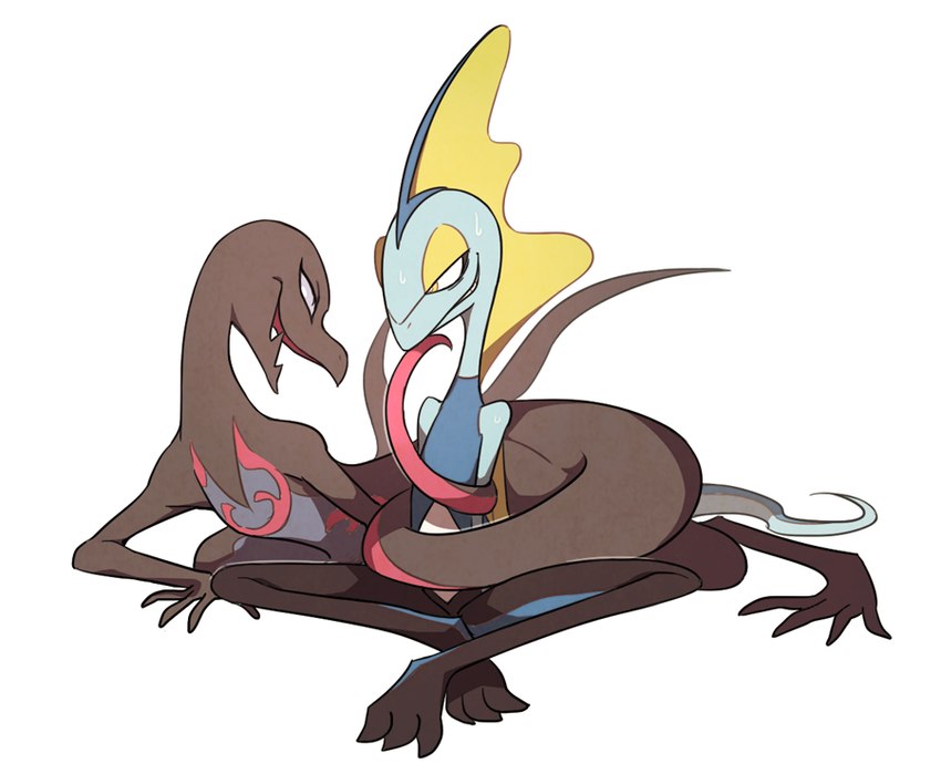 coiling duo eye_contact looking_at_another multicolored_body narrowed_eyes open_mouth pupils simple_background sitting slit_pupils smile white_background yellow_eyes ssalbulre nintendo pokemon generation_7_pokemon generation_8_pokemon inteleon pokemon_(species) salazzle 2021 6:5