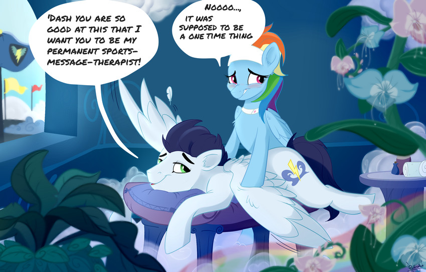 dialogue duo embarrassed female feral male male/female massage spa text wings rutkotka friendship_is_magic hasbro my_little_pony mythology rainbow_dash_(mlp) soarin_(mlp) wonderbolts_(mlp) equid equine horse mammal mythological_creature mythological_equine pegasus pony english_text hi_res