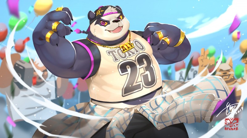 anthro belly blush bottomwear clothing fur group hat headgear headwear humanoid_hands male overweight overweight_male pants purple_body purple_fur shirt teeth text tongue topwear jmeo1230 lifewonders tokyo_afterschool_summoners alp_(tas) bear giant_panda mammal 16:9 2019 english_text hi_res widescreen