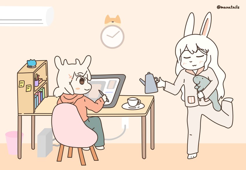 air_conditioner anthro clock clothing drawing_tablet duo female furniture pajamas table teapot manatails manateebun_(manatails) bovid caprine goat lagomorph leporid mammal manatee marine rabbit sirenian hi_res