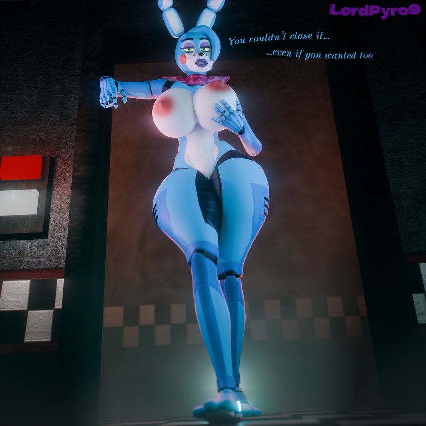 anthro areola big_breasts blue_body bow_ribbon breasts dialogue female genitals green_eyes inside low-angle_view machine nipples nude pussy solo text thick_thighs lpyro9 five_nights_at_freddy's five_nights_at_freddy's_2 scottgames toy_bonnie_(fnaf) toy_bonnie_(psychojohn2) animatronic lagomorph leporid mammal rabbit robot 1:1 3d_(artwork) digital_media_(artwork) english_text