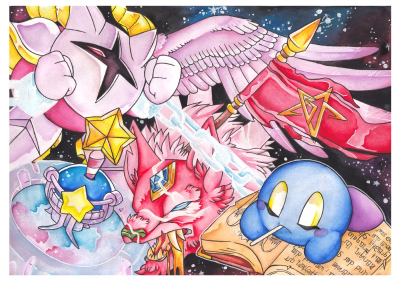 ambiguous_gender armor blue_eyes bodily_fluids book border drooling feathered_wings feathers flag fur group mask object_in_mouth pauldron reading red_body red_eyes red_fur rosy_cheeks saliva star star_rod starscape white_border wings yellow_eyes theakanemnon kirby:_right_back_at_ya! kirby_(series) nintendo galacta_knight meta_knight canid canine canis demon_beast mammal wolf wolfwrath hi_res