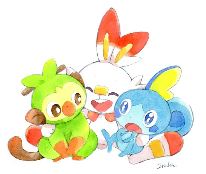 arm_around_shoulders blue_body blue_eyes blue_skin brown_eyes feral fur green_body group hand_on_shoulder hug simple_background starter_trio trio white_background white_body white_fur sangobouro nintendo pokemon generation_8_pokemon grookey lagomorph mammal pokemon_(species) primate reptile scalie scorbunny sobble 2019 hi_res