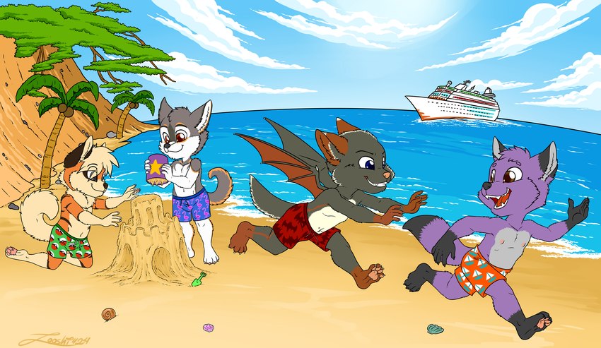 anthro beach clothing cloud cruise_ship group male merchant_ship passenger_ship sand_castle sculpture ship swimming_trunks swimwear vacation vehicle watercraft young zooshi nintendo pokemon caleb_(calebthefox) curlyshep drago rethex arcanine canid canine canis domestic_dog generation_1_pokemon german_shepherd herding_dog mammal mixed_breed pastoral_dog pokemon_(species) shepsky 2024 hi_res