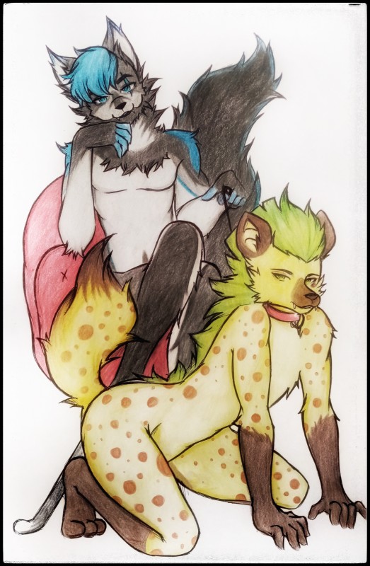 anthro blue_body blue_fur blue_hair collar dominant dominant_male duo fur green_hair grey_body grey_fur hair leash looking_at_viewer male male/male markings mohawk mole_(marking) nude smile spots yellow_body yellow_fur naiarts001 uwubanana canid canine canis hyena mammal spotted_hyena wolf wolvar 2019 absurd_res hi_res traditional_media_(artwork)