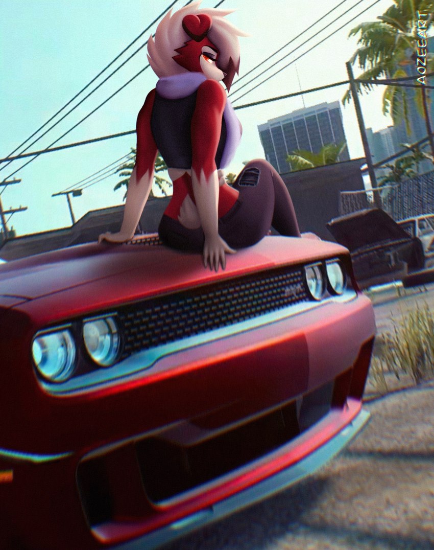 3d_background 5_fingers anthro building butt car city clothing female fingers lidded_eyes looking_at_viewer looking_back looking_back_at_viewer midriff motor_vehicle muscle_car on_car on_hood outside palm_tree plant power_lines sitting sitting_on_car skyscraper solo topwear tree urban vehicle aozee dodge_(brand) dodge_challenger electronic_arts need_for_speed nintendo pokemon fan_character rez_aether_(character) generation_7_pokemon lycanroc midnight_lycanroc pokemon_(species) 2023 digital_media_(artwork) hi_res