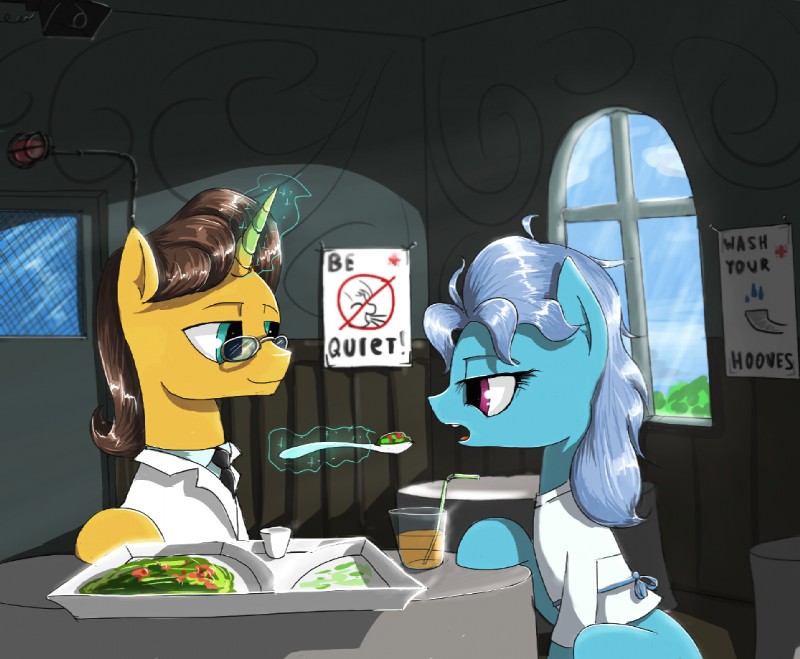 apple_juice bendy_straw beverage blue_eyes cutlery doctor drinking_straw duo eyewear female feral food glass glasses glowing grey_hair hair horn juice_(beverage) kitchen_utensils magic patient purple_eyes spoon tools tray madhotaru friendship_is_magic hasbro my_little_pony mythology doctor_stable_(mlp) screw_loose_(mlp) earth_pony equid equine horse mammal mythological_creature mythological_equine pony unicorn 2012