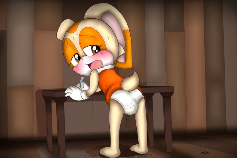 anthro bent_over birth blush bodily_fluids bottomwear brown_eyes butt clothed clothing crying female furniture genital_fluids labor narrow_hips panty_birth skirt small_butt solo table tail tail_under_skirt tears text thigh_gap thin_calves thin_legs thin_thighs underwear vaginal_fluids young young_anthro launny sega sonic_the_hedgehog_(series) cream_the_rabbit lagomorph leporid mammal rabbit 2013 signature