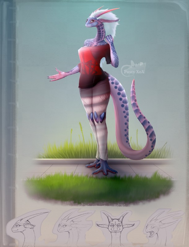 4_fingers anthro blue_body blue_scales clothing female fingers hair horn long_ears long_neck looking_at_viewer multicolored_clothing pupils red_clothing scales solo standing tail torn_clothing white_eyes white_hair pustyxox mythology dragon mythological_creature mythological_scalie scalie hi_res