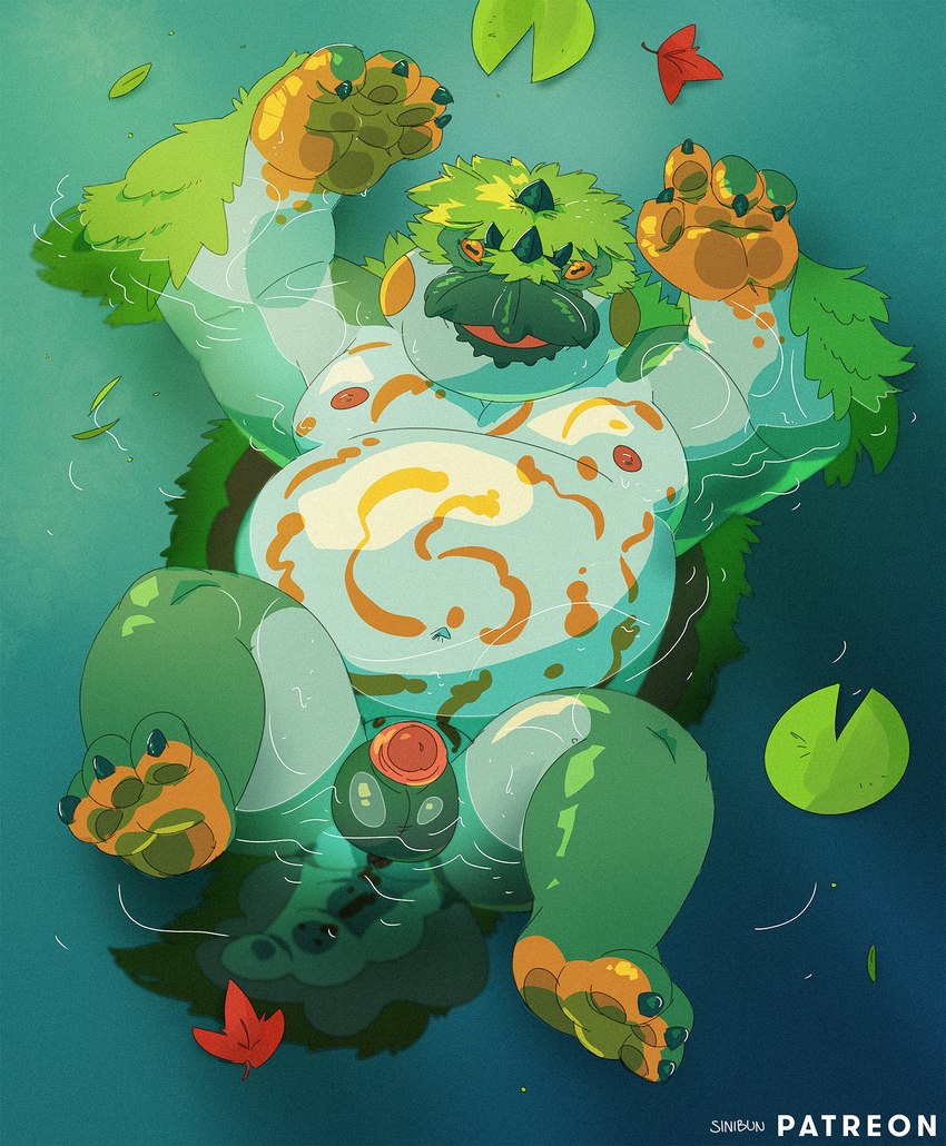 3_toes 4_fingers anthro balls beak feet fingerpads fingers fur genitals green_body green_fur green_skin happy horizontal_pupils leaf lily_pad male multicolored_body multicolored_scales nipples orange_eyes overweight overweight_anthro overweight_male partially_submerged pawpads penis plant pupils scales smile solo toepads toes two_tone_body two_tone_scales water conditional_dnp sinibun_95 capcom monster_hunter amphibian amphibian_(mh) tetranadon hi_res