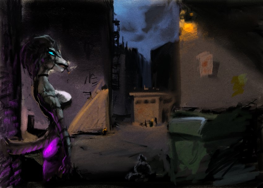 abandoned alley anthro black_hair clothed clothing dumpster female hair lonely scenery side_view smoking solo stripes trash kheltari reptile scalie 2023 hi_res