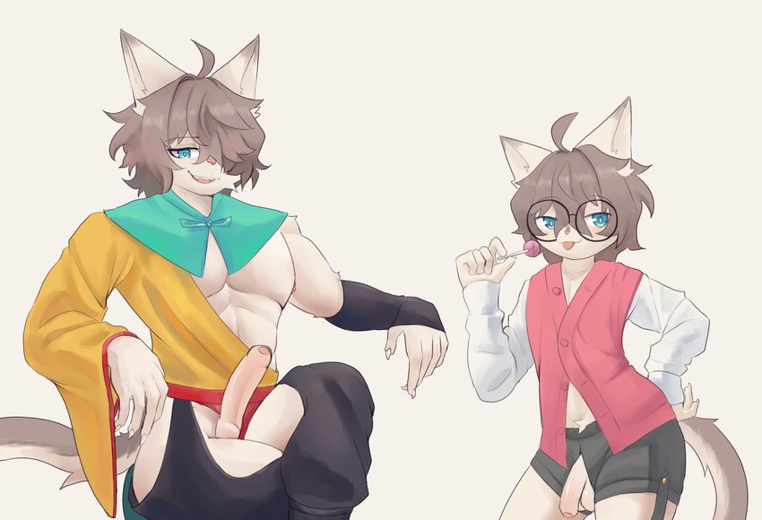 anthro balls blue_eyes clothed clothing eyewear femboy genitals glasses male partially_clothed penis solo white_body shinnammon domestic_cat felid feline felis mammal hi_res