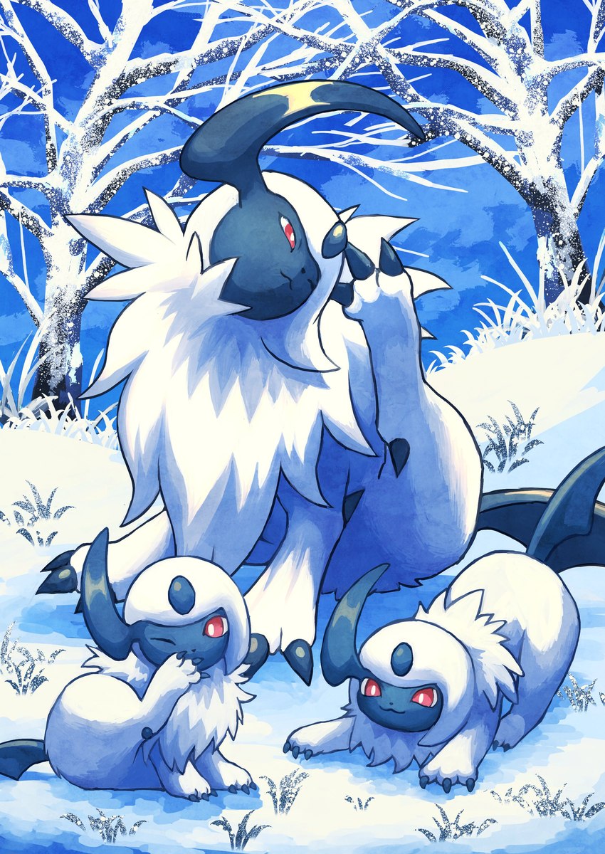 ambiguous_gender claws feral fur group one_eye_closed paws plant raised_leg red_eyes scratching snow tail tree trio white_body white_fur young 7_phi_3 nintendo pokemon absol generation_3_pokemon pokemon_(species) 2024 absurd_res hi_res