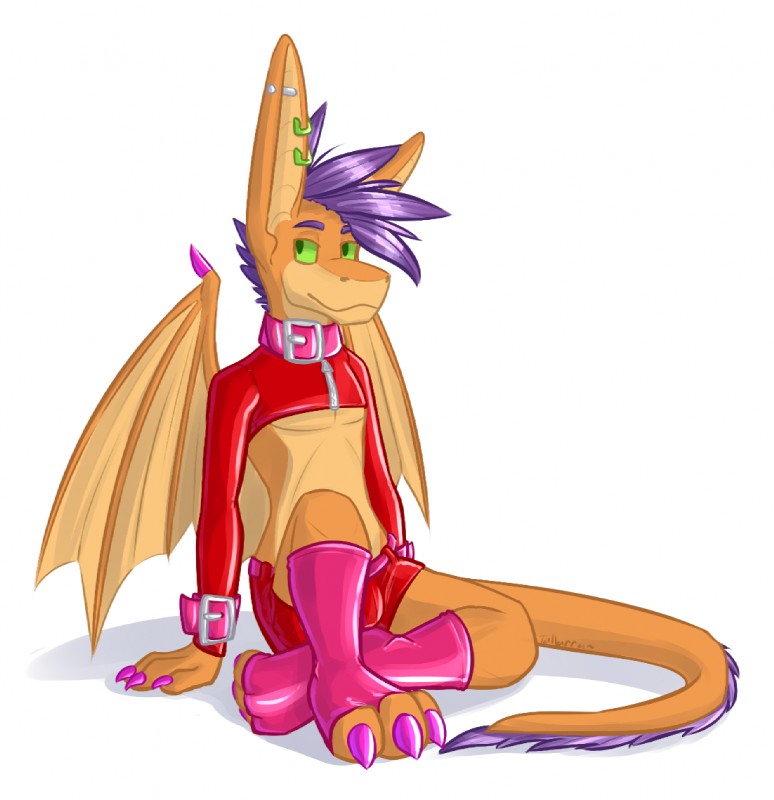 bulge clothed clothing collar colored_nails crossdressing ear_piercing femboy fishnet_clothing green_eyes hair industrial_piercing latex male membrane_(anatomy) membranous_wings nails piercing purple_hair simple_background solo tail white_background wings tallarra mythology zander_(tallarra) dragon mythological_creature mythological_scalie scalie