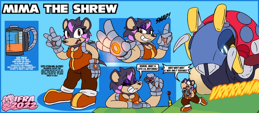 female machine shrinking size_transformation text transformation ifra sega sonic_the_hedgehog_(series) fan_character mima_the_shrew_(ifra) badnik eulipotyphlan mammal motobug shrew english_text hi_res