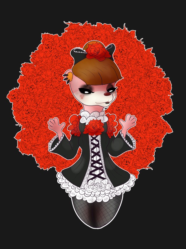 accessory alternative_fashion anthro bow_(feature) bow_accessory bow_ribbon brown_hair carnation centered_hair_bow clothed clothing dress female flower freckles fur goth gothic_lolita hair hair_accessory hair_bow hair_ribbon j-fashion lace lolita_(fashion) plant ribbons rose_(flower) simple_background solo victorian_goth eeekay animal_crossing nintendo lottie_(animal_crossing) mammal mustelid otter 2018 3:4 absurd_res digital_media_(artwork) hi_res