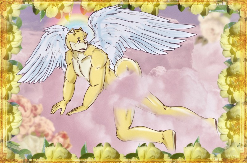 anthro cloud fur implied_nudity male nipples solo wings reiker canid canine canis domestic_dog mammal 2019 digital_media_(artwork) hi_res