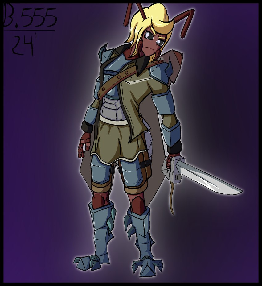 antennae_(anatomy) anthro armor bandolier black_border black_frame black_sclera blonde_hair boots border clothing cuirass exoskeleton footwear greaves green_clothing green_jacket green_topwear hair holding_melee_weapon holding_object holding_sword holding_weapon insect_wings jacket male mandibles melee_weapon pupils purple_background red_body red_skin serious_face shoes shoulder_pads simple_background solo standing sword topwear weapon white_pupils wings dekumemer campo_brina_(dekumemer) ant arthropod humanoid hymenopteran insect 2024 dated digital_media_(artwork) hi_res signature