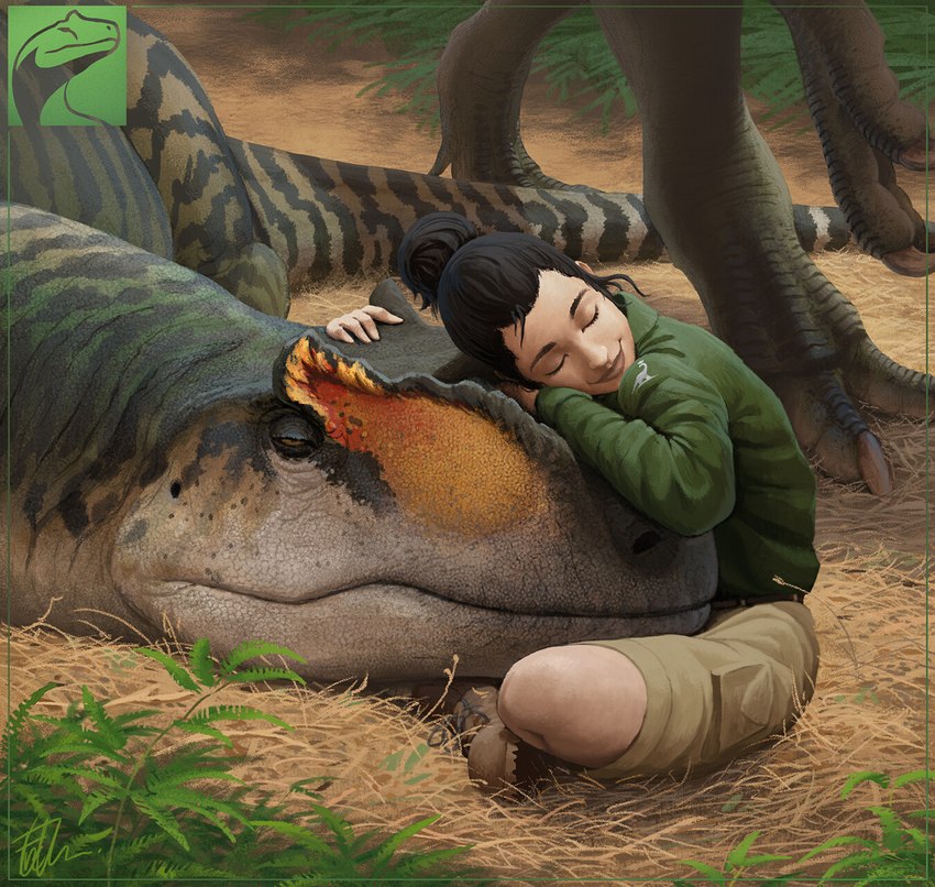 ambiguous_gender black_hair claws clothed clothing enclosure eyes_closed female feral green_body green_scales group hair head_crest headpat male markings orange_body orange_scales outside paddock scales size_difference sleeping striped_markings stripes tan_body tan_scales trio vivarium walking zoo_(facility) zookeeper fredthedinosaurman allosaurid allosaurus dinosaur human mammal prehistoric_species reptile scalie theropod hi_res