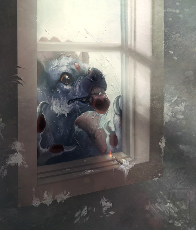 ambiguous_gender blue_body blue_fur candle derp_eyes face_pressed_against_glass feral fur licking licking_window red_eyes snow solo tongue tongue_out hanmonster monster