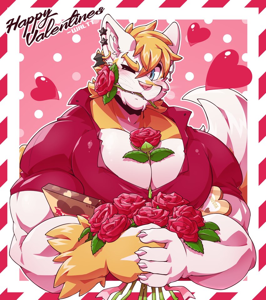 anthro between_pecs big_muscles big_pecs blue_eyes blush border box_of_chocolates candy chocolate clothing collared_shirt dessert ear_piercing flower flower_between_breasts flower_in_mouth food fur heart_symbol holding_flower holding_flower_pot holding_object holding_plant holding_rose holidays looking_at_viewer male multicolored_body multicolored_fur muscular muscular_anthro muscular_male object_in_mouth one_eye_closed outside_border pecs piercing pink_nose plant popped_collar red_clothing red_dress_shirt red_shirt red_topwear rose_(flower) shirt solo topwear two_tone_body two_tone_fur unbuttoned_shirt whiskers white_body white_fur yellow_body yellow_fur myiko utau valentine's_day waltt domestic_cat felid feline felis mammal absurd_res hi_res