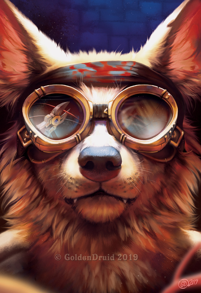 ambiguous_gender anthro black_nose cheek_tuft cute_fangs eyewear facial_tuft fangs fur goggles light solo tan_body tan_fur teeth tuft whisker_spots whiskers goldendruid canid canine canis mammal wolf 2019 detailed digital_media_(artwork) digital_painting_(artwork) headshot_portrait hi_res lighting painting_(artwork) portrait signature watermark