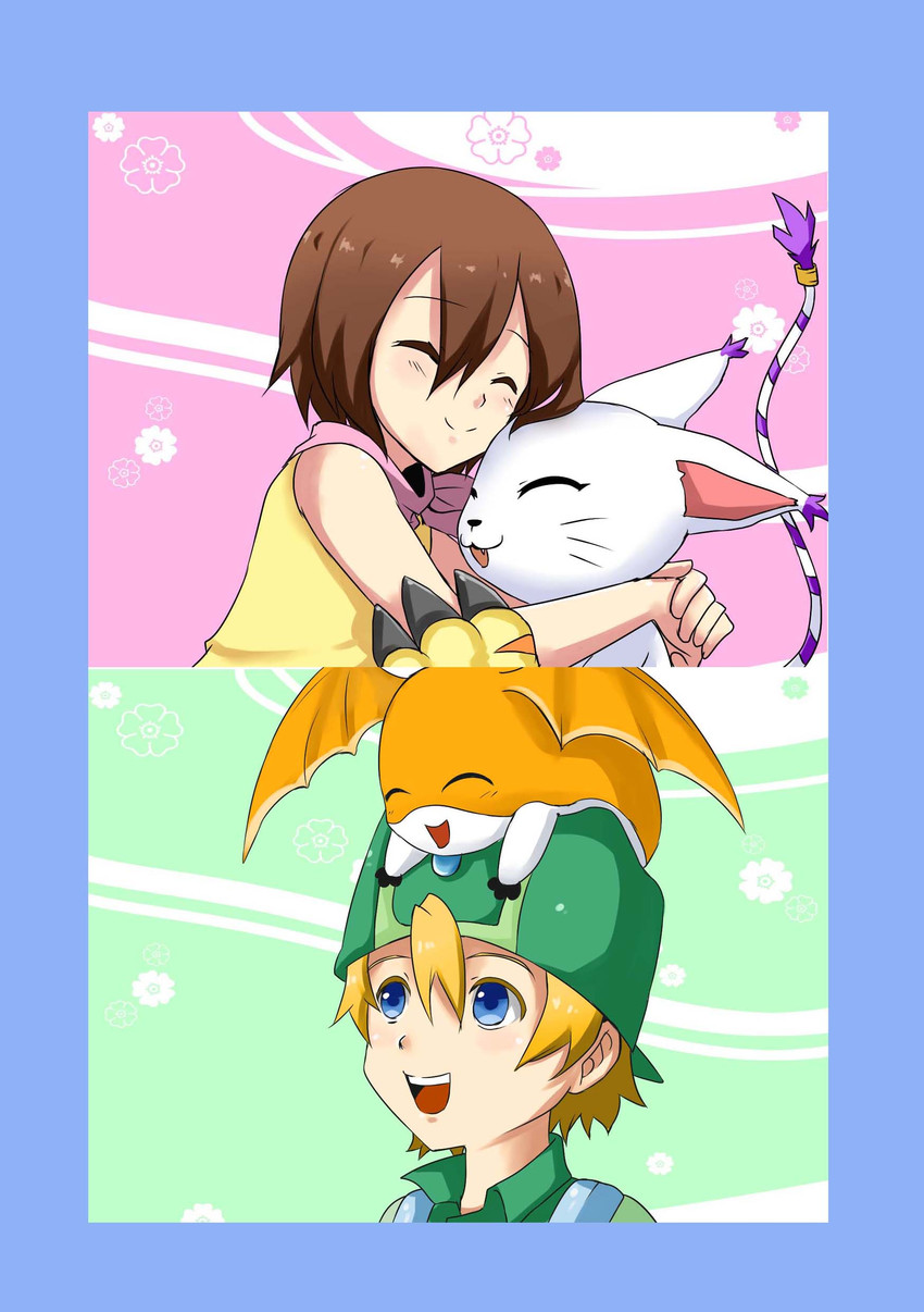 black_nose blonde_hair blue_border blue_eyes blush border brown_hair clothing eyes_closed female feral green_background group hair hat headgear headwear hug kairikazu male open_mouth orange_body pink_background simple_background smile white_body young bandai_namco digimon hikari_kamiya takeru_takaishi digimon_(species) gatomon human mammal patamon absurd_res hi_res