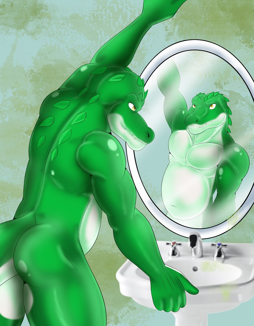 anthro bathroom butt dirty green_body male mirror mirror_reflection multicolored_body nude raised_hand rear_view reflection sink solo stain two_tone_body white_body yellow_eyes checkhoff cregon alligator alligatorid crocodile crocodilian reptile scalie absurd_res hi_res