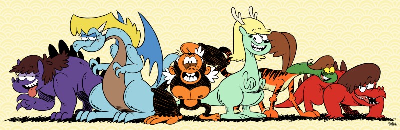 angry female feral group hair male smile tail teeth tongue wings master-rainbow mythology nickelodeon the_loud_house leni_loud lincoln_loud lori_loud luan_loud luna_loud lynn_loud dragon kangaroo macropod mammal marsupial mythological_creature mythological_scalie primate reptile scalie absurd_res hi_res